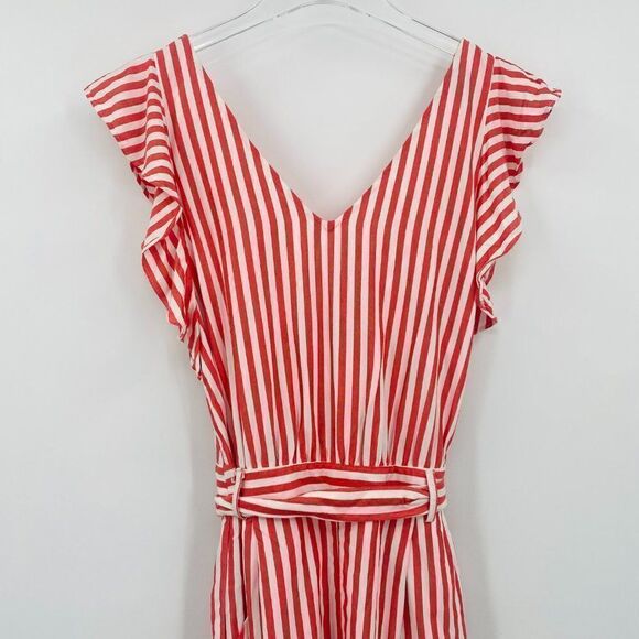 LOFT Size 2 Red & White Striped Ruffle Sleeve Belted Romper - Picture 4 of 12